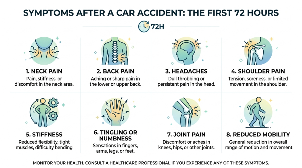 Symptoms that may appear within 72 hours after a car accident
