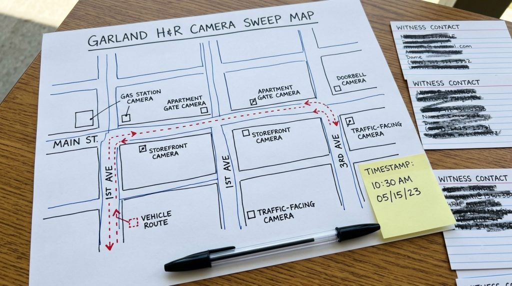 Garland hit and run camera search map with storefront camera notes and witness contact cards
