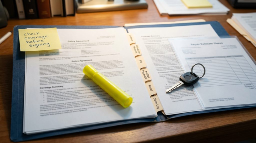 Garland hit and run insurance coverage folder with uninsured motorist policy notes and claim log