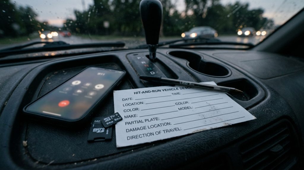 Garland hit and run vehicle description card with partial plate notes and direction of travel