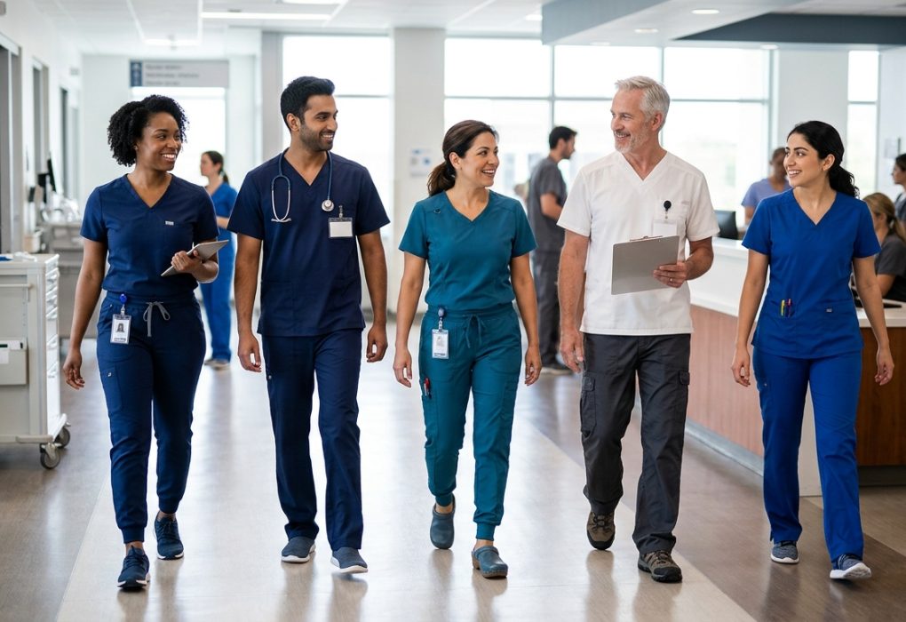Nurses wearing comfortable scrub pants during an active hospital shift