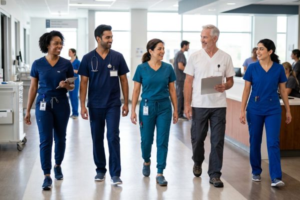 Nurses wearing comfortable scrub pants during an active hospital shift