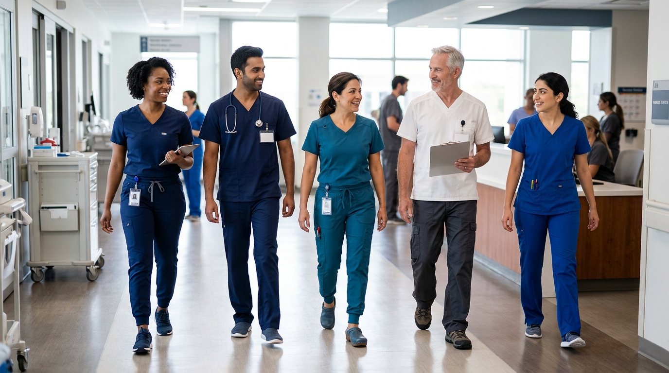 Nurses wearing comfortable scrub pants during an active hospital shift
