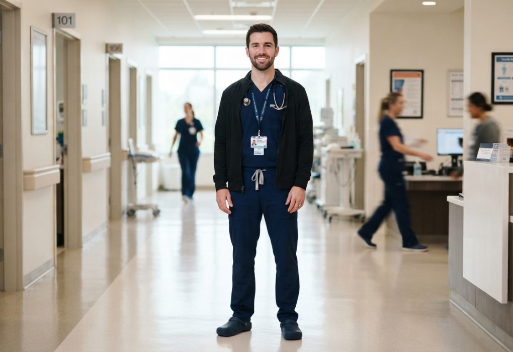 Male healthcare worker wearing a professional medical scrub top
