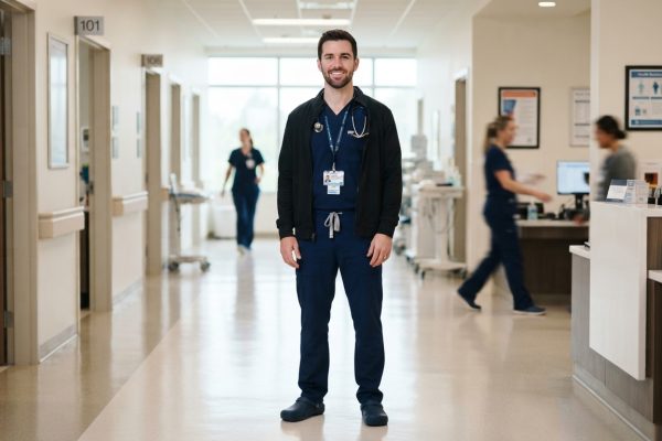 Male healthcare worker wearing a professional medical scrub top