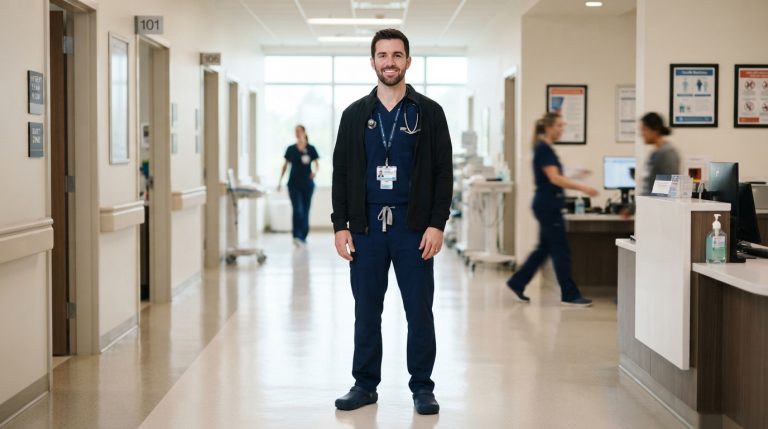 Male healthcare worker wearing a professional medical scrub top