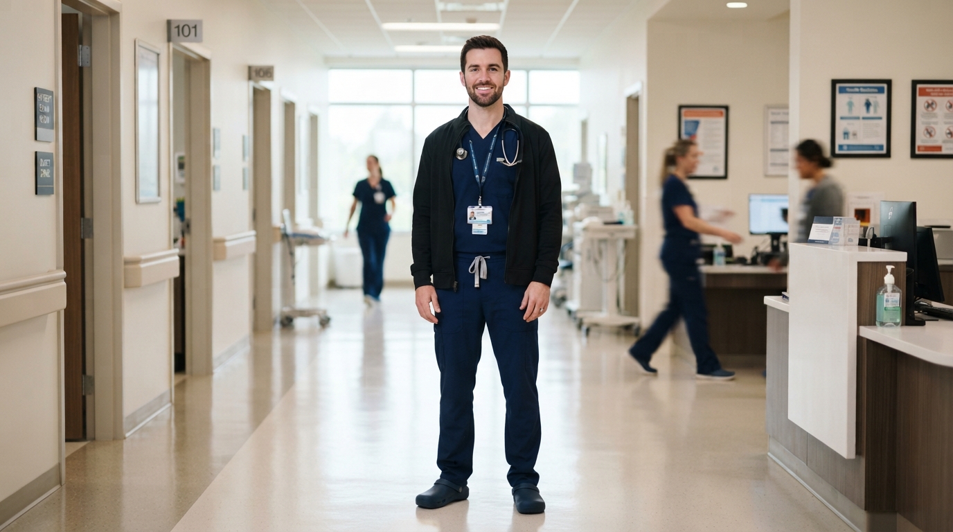 Male healthcare worker wearing a professional medical scrub top