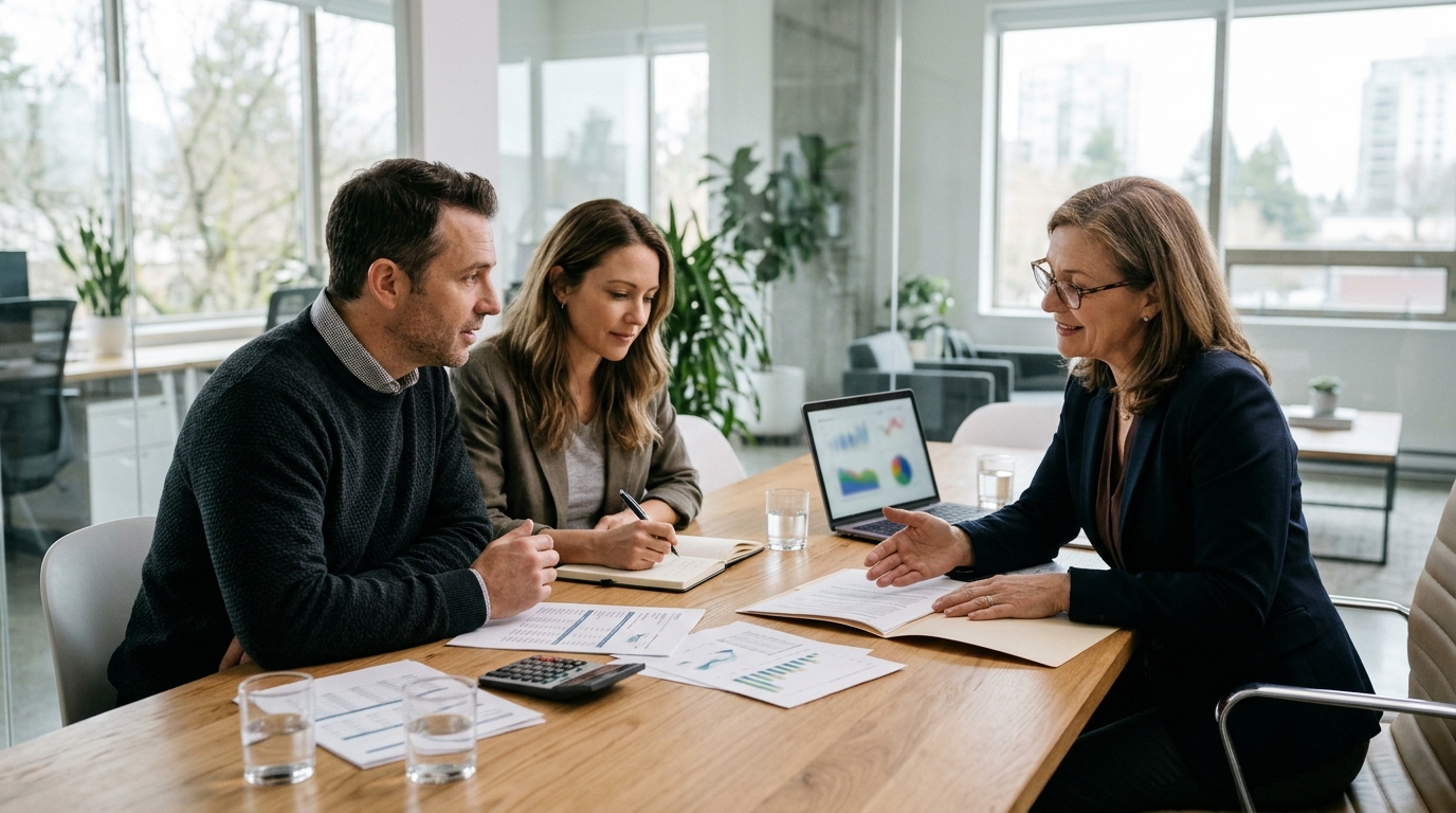 Adult couple reviewing financial resilience and long-term financial goals with a financial advisor