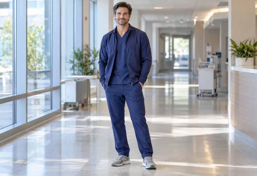Male healthcare professional wearing a lightweight scrub jacket