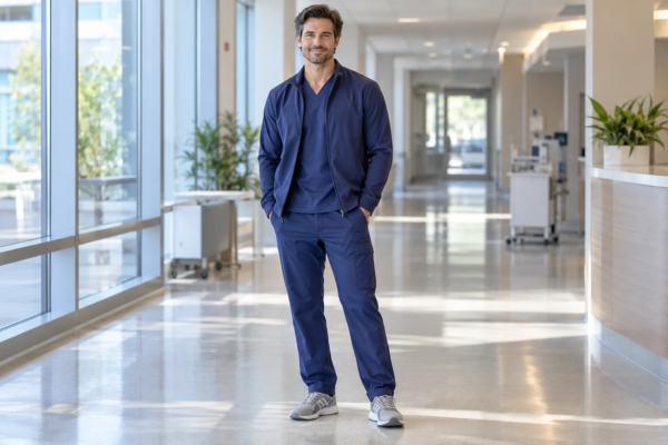 Male healthcare professional wearing a lightweight scrub jacket