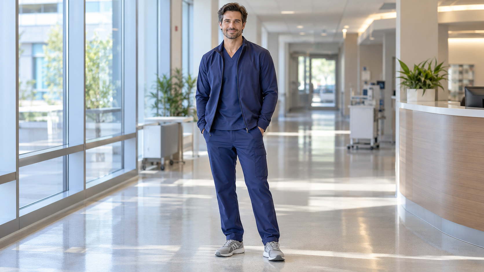 Male healthcare professional wearing a lightweight scrub jacket