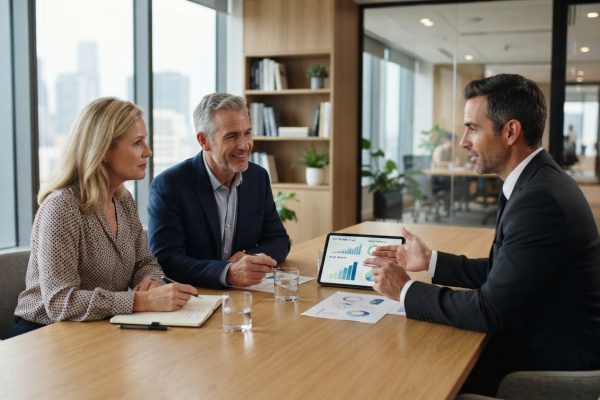 Couple discussing retirement planning goals with advisor