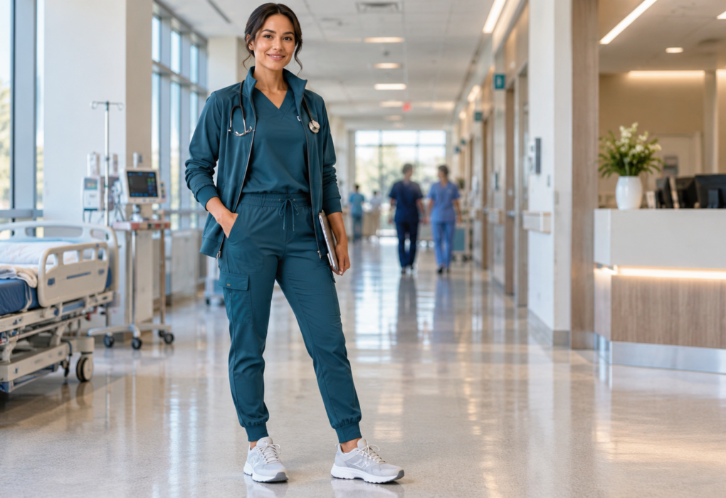 Healthcare professional wearing a coordinated modern scrub uniform with jogger pants and warm-up jacket