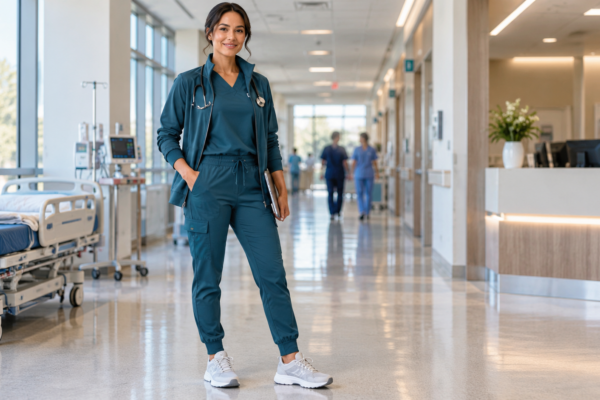 Healthcare professional wearing a coordinated modern scrub uniform with jogger pants and warm-up jacket
