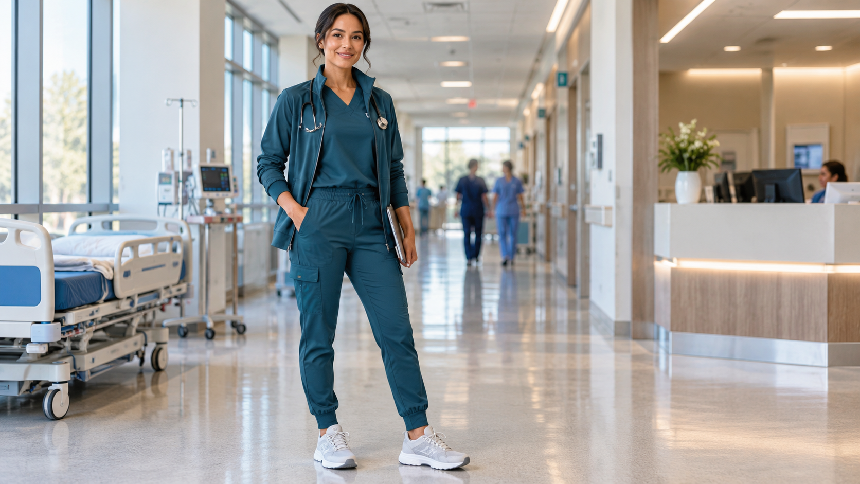 Healthcare professional wearing a coordinated modern scrub uniform with jogger pants and warm-up jacket